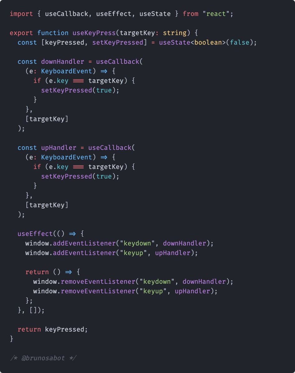 brunosabot's tweet photo. The useKeyPress hook returns true when a specific key is pressed.
`const forward = useKeyPress("w");`
You might want to use it for a `wasd` navigation for example.
#techtweets #day182 https://t.co/COXxBmhfEu