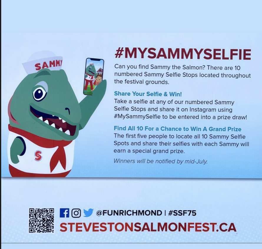 Sammy Selfie Stops! #stevestonsalmonfestival #mysammyselfie #sammymascot #stevestonvillage #stevestoninsider #steveston #pallamedia #canadaday