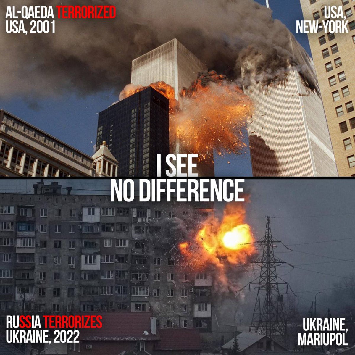 daniloff200's tweet photo. #iseenodifference  #russiaisaterrorisstate  #RussiaTerroristState 

Well, hello. I live in Ukraine and every day I see 9/11 or something similar in my country. Ofc, it's not New York, but people here are dying and suffering because of Russia https://t.co/lAIdSViwKH