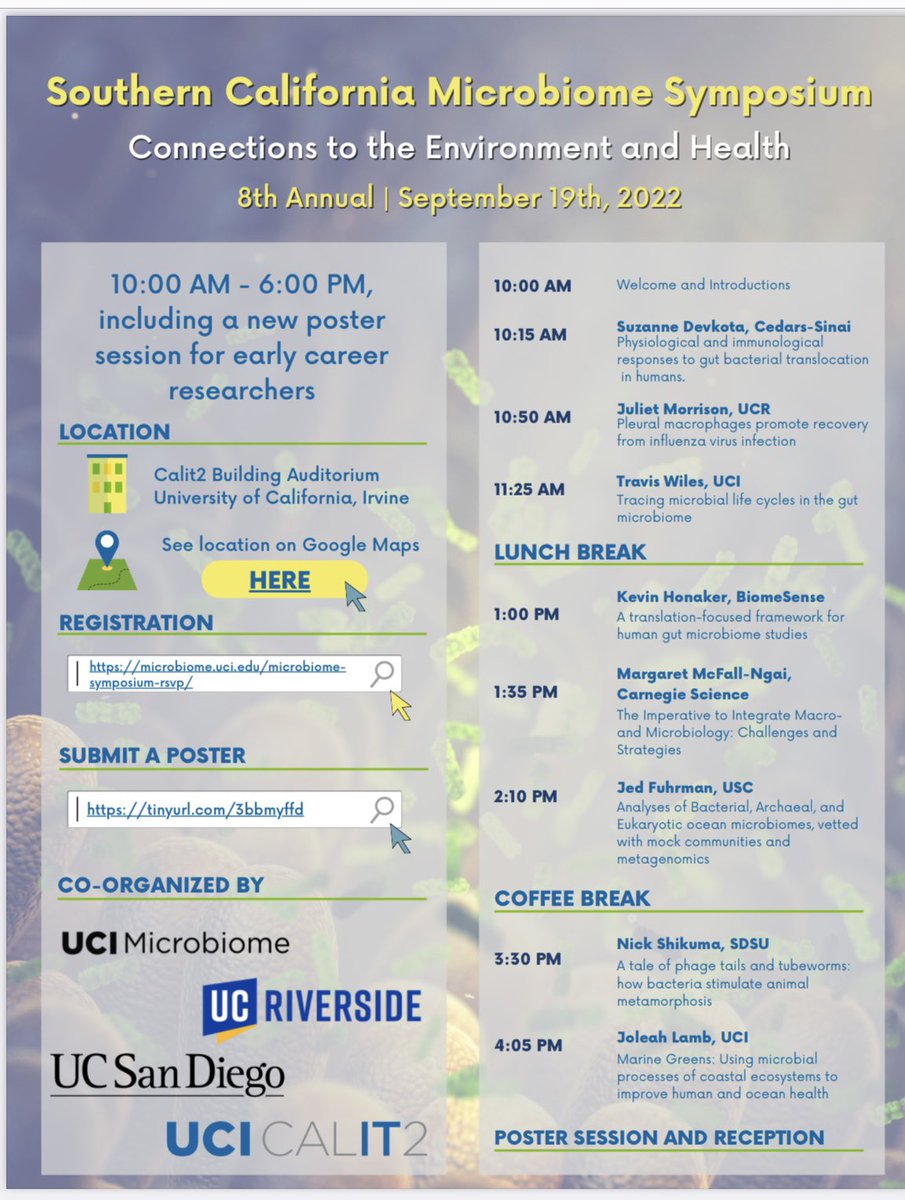 UCR-Microbiome Initiative (@microbiomeucr) on Twitter photo Southern #California #microbiome enthusiasts - the So Cal Microbiome Symposium is back!! September 19 at <a href="/UCIrvine/">UC Irvine</a> and co-hosted by <a href="/UCRiverside/">UC Riverside</a> <a href="/UCSanDiego/">UC San Diego</a> <a href="/calit2uci/">Calit2@UCI</a> <a href="/UCI_Microbiome/">UCI Microbiome</a>! Register and submit your poster abstracts now! Southern #California #microbiome enthusiasts - the So Cal Microbiome Symposium is back!! September 19 at <a href="/UCIrvine/">UC Irvine</a> and co-hosted by <a href="/UCRiverside/">UC Riverside</a> <a href="/UCSanDiego/">UC San Diego</a> <a href="/calit2uci/">Calit2@UCI</a> <a href="/UCI_Microbiome/">UCI Microbiome</a>! Register and submit your poster abstracts now!