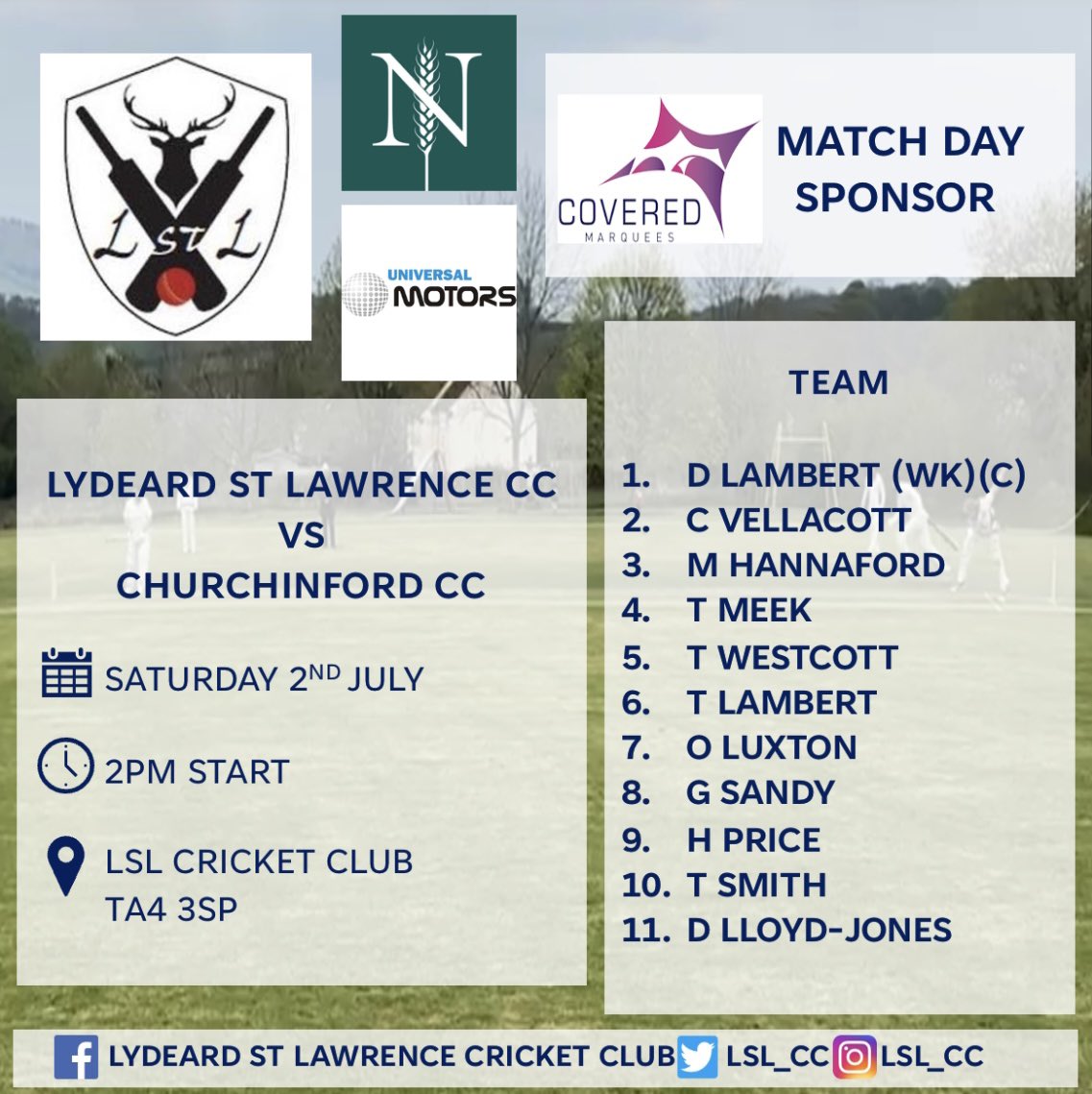 We host <a href="/ChurchinfordCC/">Churchinford Cricket</a> tomorrow. 

Our Match Day Sponsor is Covered Marquees. Thank you to them for their support. 

#WeAreLSL
