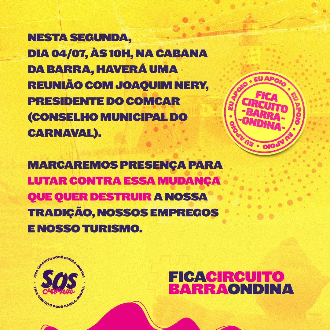 soscarnaval_ssa's tweet photo. Atenção, foliões apaixonados pelo Circuito Dodô: não vamos deixar o carnaval na Barra-Ondina morrer. Chegou a hora de soltar a nossa voz.
#ficacircuitododô #circuitobarraondina #soscarnavalssa #carnaval2023 #carnaval #barra #ondina #apoieessemovimento #movimentososcarnaval https://t.co/FzMvWdIn68