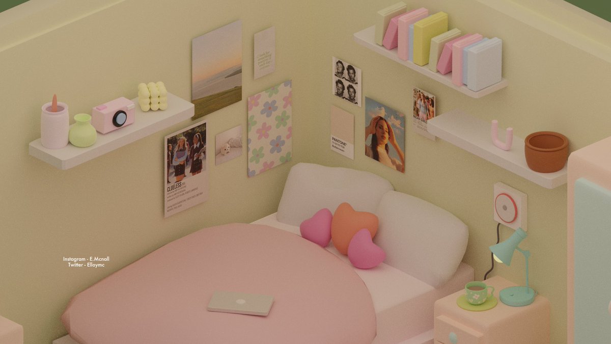 Elloymc's tweet photo. Room created from my bedroom inspo on Pinterest 🤍 
-
(The photos on walls however are not mine, I found on Pinterest so credits to the original owner) tag them if you know!! #blender #3Dartist #3dartwork #3droom #3dart #ukartist #Blender3d #blenderrender https://t.co/A16UYMyuxj