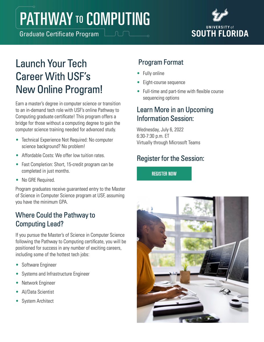 The next information session for the Pathway to Computing Certificate Program is scheduled for Wed. July 6th, 6:30-7:30pm