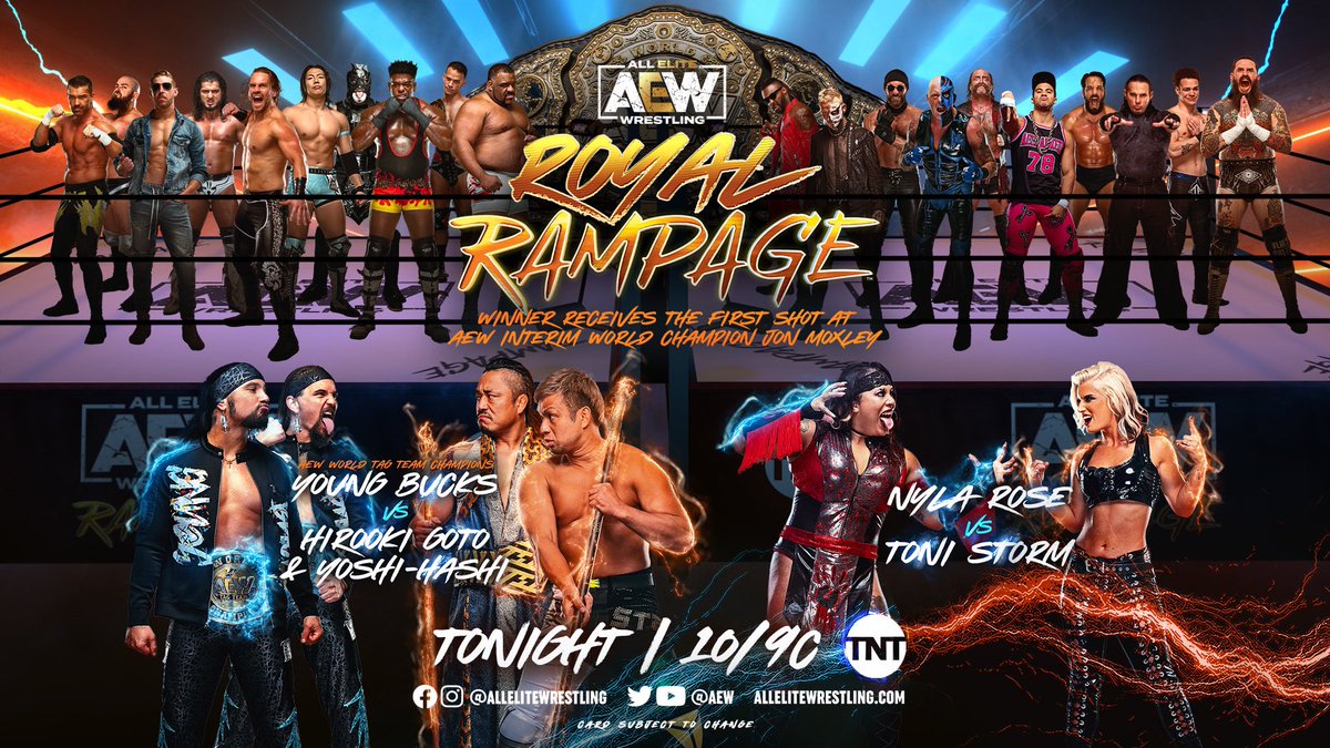 It’s Friday: you know what that means! #AEWRampage TONIGHT 10pm ET/9pm CT/10pm PT On @TNTdrama! Tonight’s one of our biggest shows: The #RoyalRampage, all action to open tonight, debuting a new format with high stakes as 1 winner will go on to challenge @JonMoxley on Wednesday!