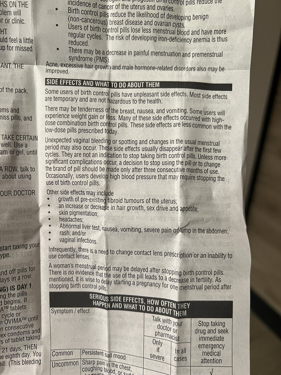 slimsadiewut's tweet photo. In case you needed a reminder about what birth control does to your body, here’s the warning pamphlet that comes in every pack https://t.co/Vp5zIhOgDf