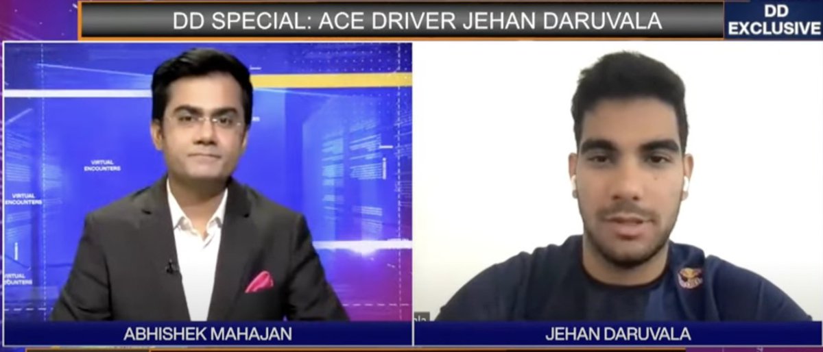 DDIndialive's tweet image. Virtual Encounters | Formula 2 Racer @DaruvalaJehan exclusively speaks to DD India after making a successful Formula One test debut. He shares his experience, excitement, journey and future goals.

@Imabhimahajan 
@rayomandb 
@F1 

Watch: youtu.be/Gpth42PDCMI