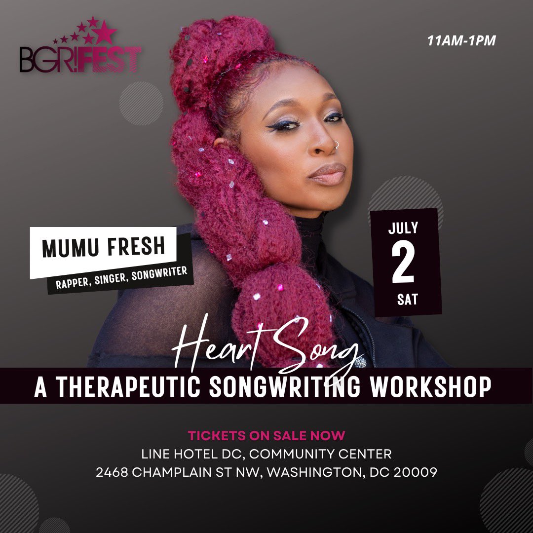 BLACKGIRLSROCK's tweet image. #BGRFEST2022 is honored to team up with GRAMMY Nominated Rapper, Singer, songwriter, and motivational speaker #MUMUFRESH for a 2 hour long therapeutic songwriting workshop at @thelinehoteldc on July 2nd from 11am-1pm! 🎙

Get your tickets TODAY! 🎟🔗 bit.ly/3IemtUL