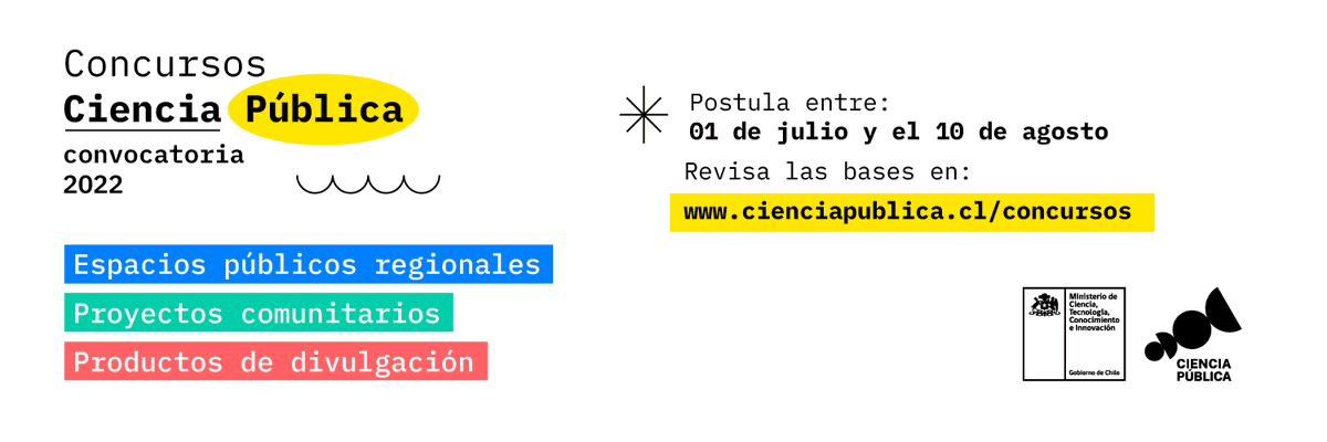 ciencia_cl's tweet photo. ¡Ya está abierta la convocatoria 2022 de los #ConcursosCienciaPública! 

Desde hoy puedes postular a nuestros #concursos y desarrollar productos de divulgación y socialización del conocimiento que generen experiencias memorables.

💻Postula en: https://t.co/cQPVhyWZ0e https://t.co/qToCQ4fX0a