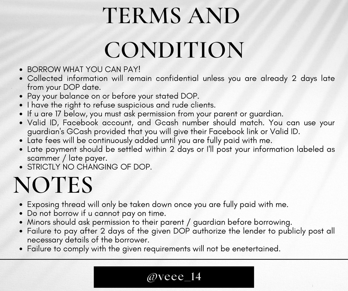 veeee_14's tweet photo. lending / pautang service .ᐟ 

𓂋 proof  of  transactions : #veee_pf
𓂋 read t&amp;cs carefully 
𓂋 be a responsible debtor ! 

💭 no  reply = slots  taken /  pass 

↳ #veee_lends [ info ] 
↳ #veee_transac [ transactions ] 
↳ #veee_feedback [ feedbacks ] https://t.co/3k55fLLS4x