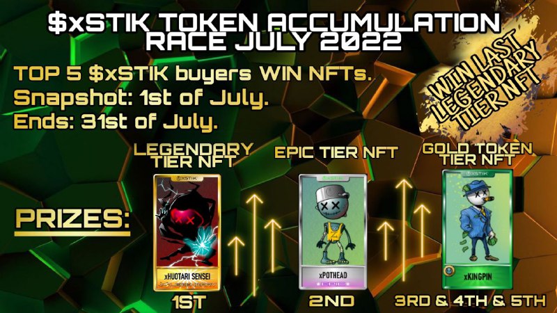 💰#xSTIK TOKEN BUY RACE JULY 2022💰

▪️Buy $xSTIK between 1st and 31st of July.
▪️Everyone starts from 0. All can WIN!
▪️Race is on ALL MONTH.
▪️1st of August TOP 5 receive High Tier NFTs with Passive Income.

PRIZES:
🥇LAST LEGENDARY NFT
🥈EPIC TIER
🥉&amp;4&amp;5 GOLD TOKEN TIER

🚀GO!