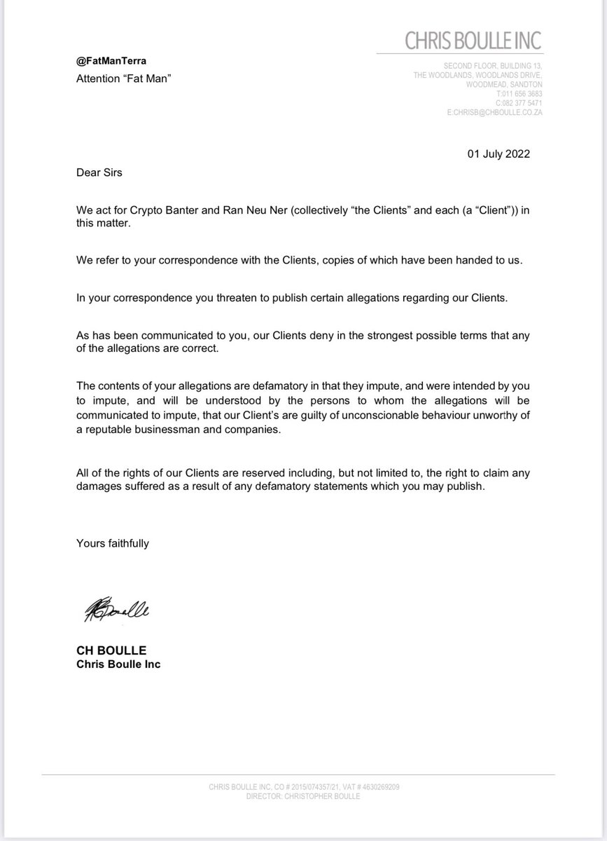 For the past few weeks, I have been investigating evidence and testimony from people involved in Terra's extensive shill network, as well as potential back room promotion deals with YouTube influencer/grifter Ran Neuner. Today, his legal team threatened me with a lawsuit. (1/3)