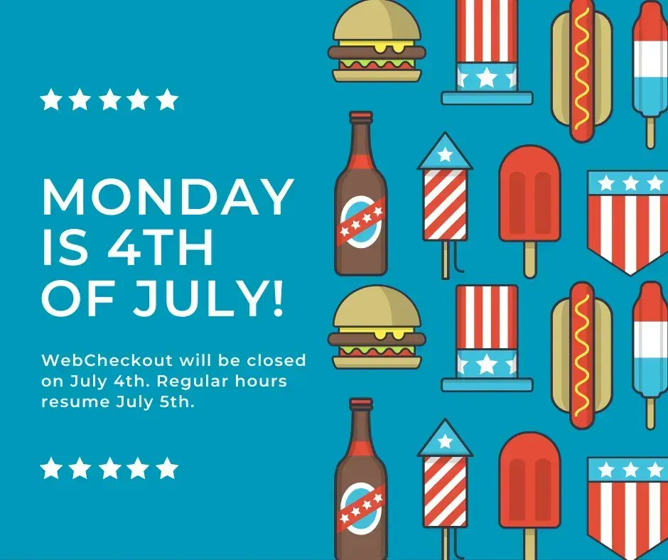 webcheckout's tweet photo. 🇱🇷 Monday is July 4th and our team will be spending an extended weekend with family and friends. #WebCheckout will be closed on Monday, July 4th. Regular hours will resume Tuesday, July 5th. If WebCheckout is down, please email emergency@webcheckout.net. Stay safe and have fun! https://t.co/fPmcs2G26u
