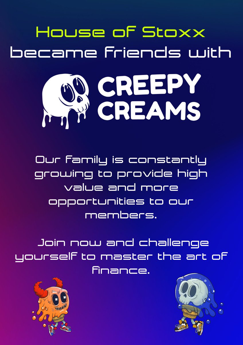 HouseofStoxx's tweet photo. We are happy to be friends with the amazing people over at @creepycreams 🥳👍

A lot of collaborations are happening behind the scenes and many great projects see the value we will bring and want to be part of it! Come and join The Brave ones and master the art of finance 🔥 https://t.co/KCkb5yeNQ0