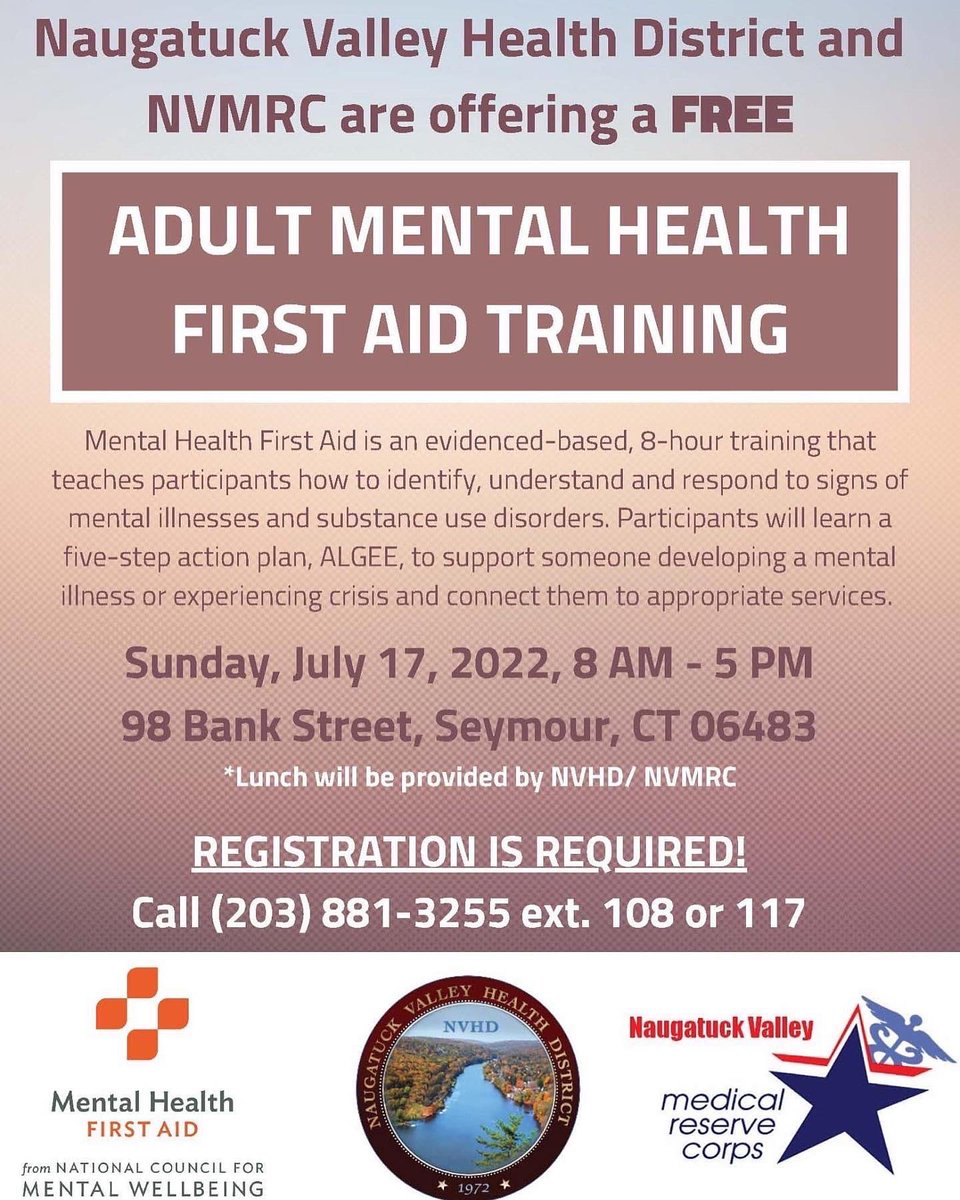 NaugValleyHD's tweet photo. Just as CPR helps you assist an individual having a heart attack, Mental Health First Aid helps you assist someone experiencing a mental health or substance use-related crisis. Join us Sunday, July 17 for this free training opportunity! Registration required. https://t.co/skkCst98vz