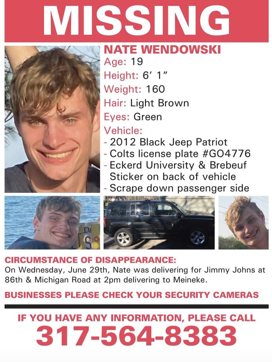 angelaganote's tweet photo. Missing: Nate Wendowski. People in area can you check business or residential cameras for anything?! https://t.co/ILKbsZ4WpD