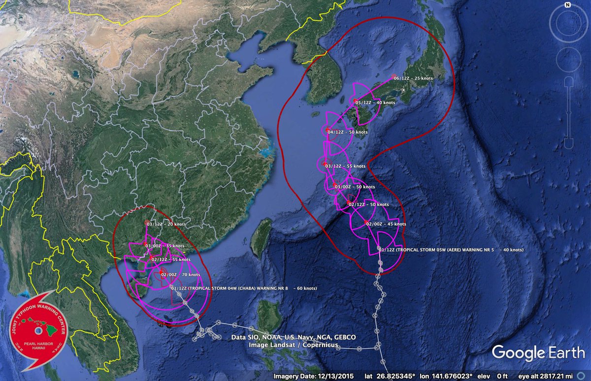 Forecast tracks and winds for Tropical Storms #Chaba (left) and #Aere from metoc.navy.mil/jtwc/jtwc.html