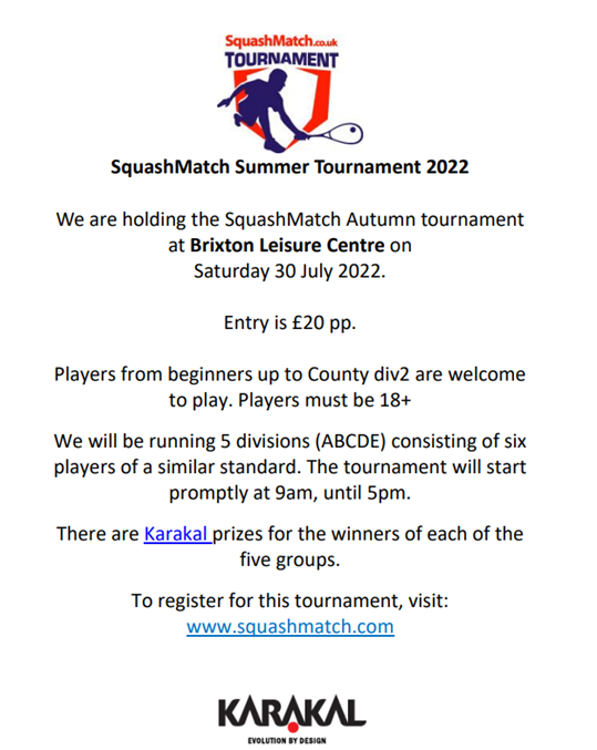 sqmatch's tweet photo. It's that time of year again - #squash tournament time!

It's a full day mixed tourny on Sat 30th July at Brixton, open to players 18+, and we have some prizes from our sponsor @karakaluk for worthy winners!

Register here: https://t.co/3c06nmD0G6 https://t.co/9U6Et7rNsA