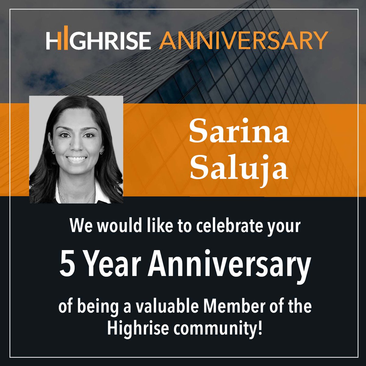 HighriseNet's tweet image. I would like to recognize Sarina Saluja, Partner at Loeb &amp;amp; Loeb LLP. Congratulations for reaching your 5-year Anniversary with #Highrise. Thank you for being a valuable member of the Highrise community.

#businessnetworking #mastermindgroups #anniversary