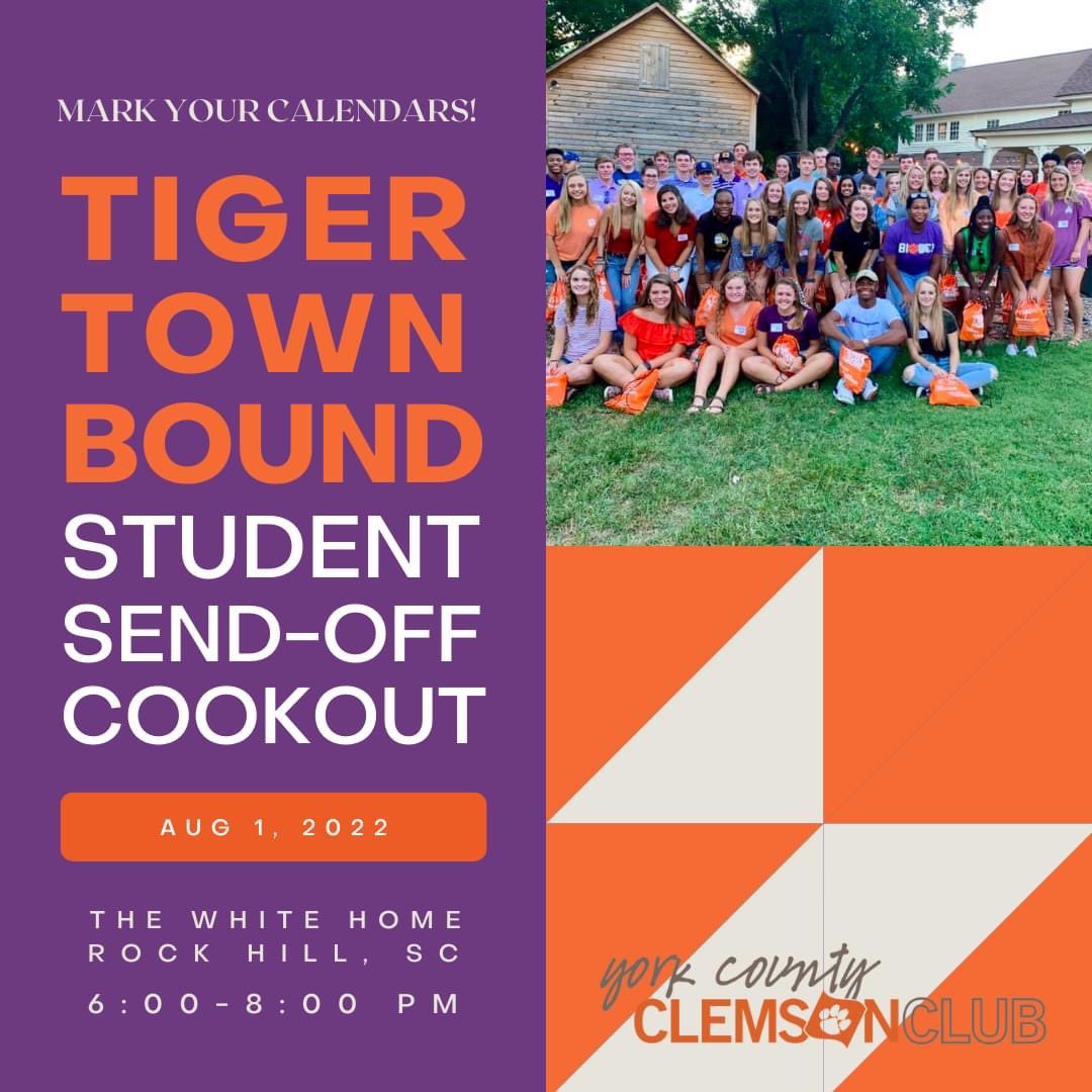 YCClemsonClub's tweet photo. Mark your calendars ONE MONTH from today!  Join us for the annual #YCClemsonClub Student Send-Off Cookout for our #TigerTownBound C/O 2026! #ClemsonClubEvents https://t.co/IoYNhFSaeu