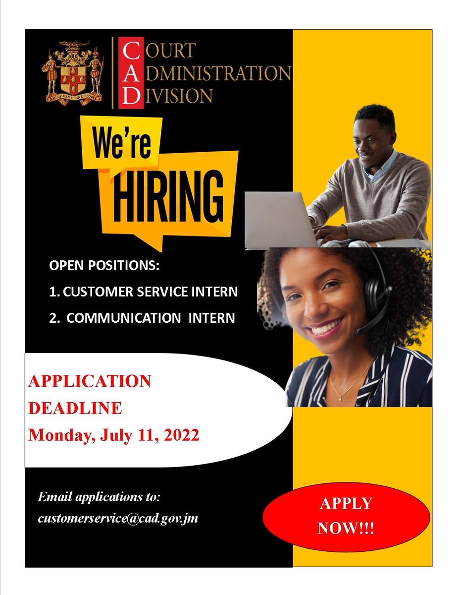 Come join our dynamic team as Customer Service intern and Communication intern. Send applications to customerservice@cad.gov.jm. #customerservicejob #communicationjob