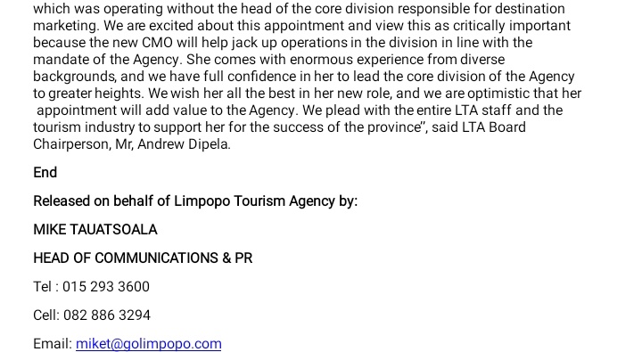Limpopo Tourism Agency (@golimpopo) on Twitter photo Limpopo Tourism Agency (LTA) has appointed Ms. Modjadji Alydia Makoela pictured as our newly appointed Chief Marketing Officer.
Join us in welcoming Ms. Makoela to team LTA and follow her <a href="/ModjadjiMakoela/">Modjadji Makoela</a>
#Golimpopo
#GoLimpopo
#MoreToEnjoy Limpopo Tourism Agency (LTA) has appointed Ms. Modjadji Alydia Makoela pictured as our newly appointed Chief Marketing Officer.
Join us in welcoming Ms. Makoela to team LTA and follow her <a href="/ModjadjiMakoela/">Modjadji Makoela</a>
#Golimpopo
#GoLimpopo
#MoreToEnjoy