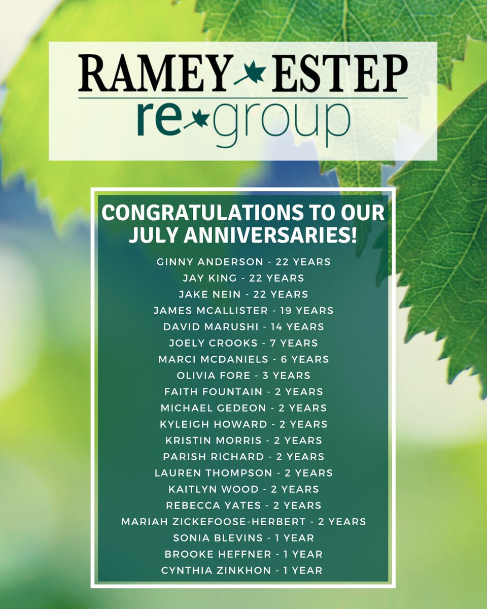 Congratulations to our July anniversaries!!  A total of 136 combined years!

rameyestep.com

#RameyRegroupFamily