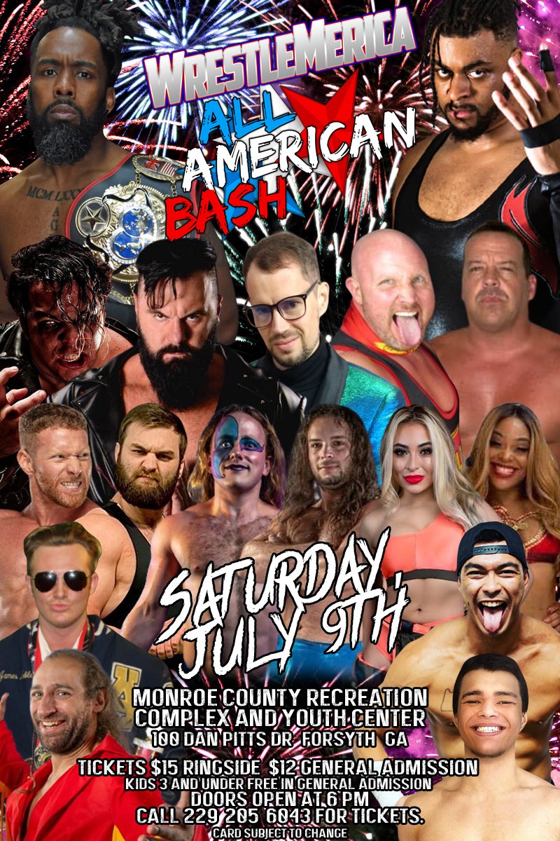 WrestleMerica's tweet photo. New location. Same great action!

All American Bash is next Saturday in Forsyth, GA.

Call 229-205-6043 for tickets. $15 for ringside, $12 for general admission. Free general admission for kids 3 and under. https://t.co/Fw66Qno33u