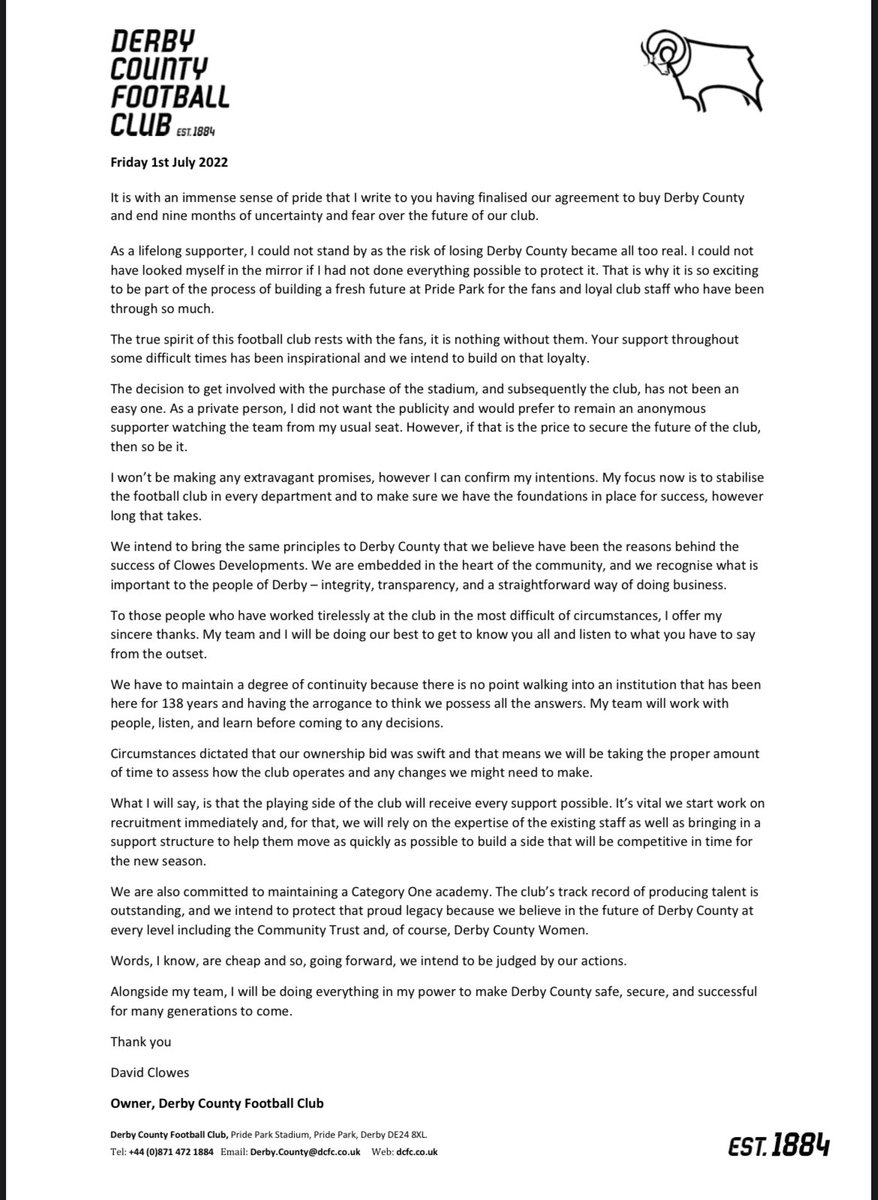 Open letter from David Clowes.

 #dcfc #dcfcfans