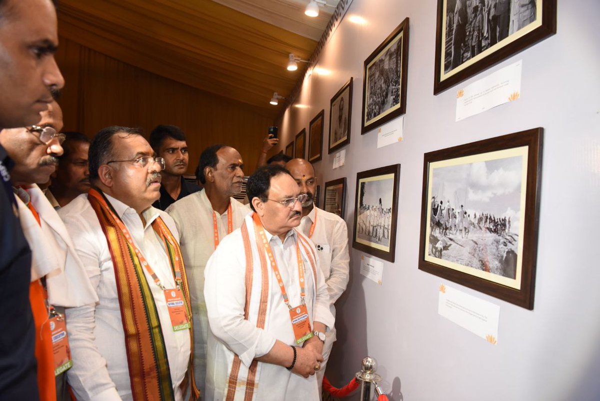 OfficeofJPNadda's tweet photo. Hon. @BJP4India National President Shri @JPNadda ji was present today at the Inauguration of Gollakonda Exhibition of Unsung Heroes &amp; Martyrs of Telangana at HICC Hyderabad. He interacted with all the attendees and received their affection. https://t.co/X2CeJMMMKW