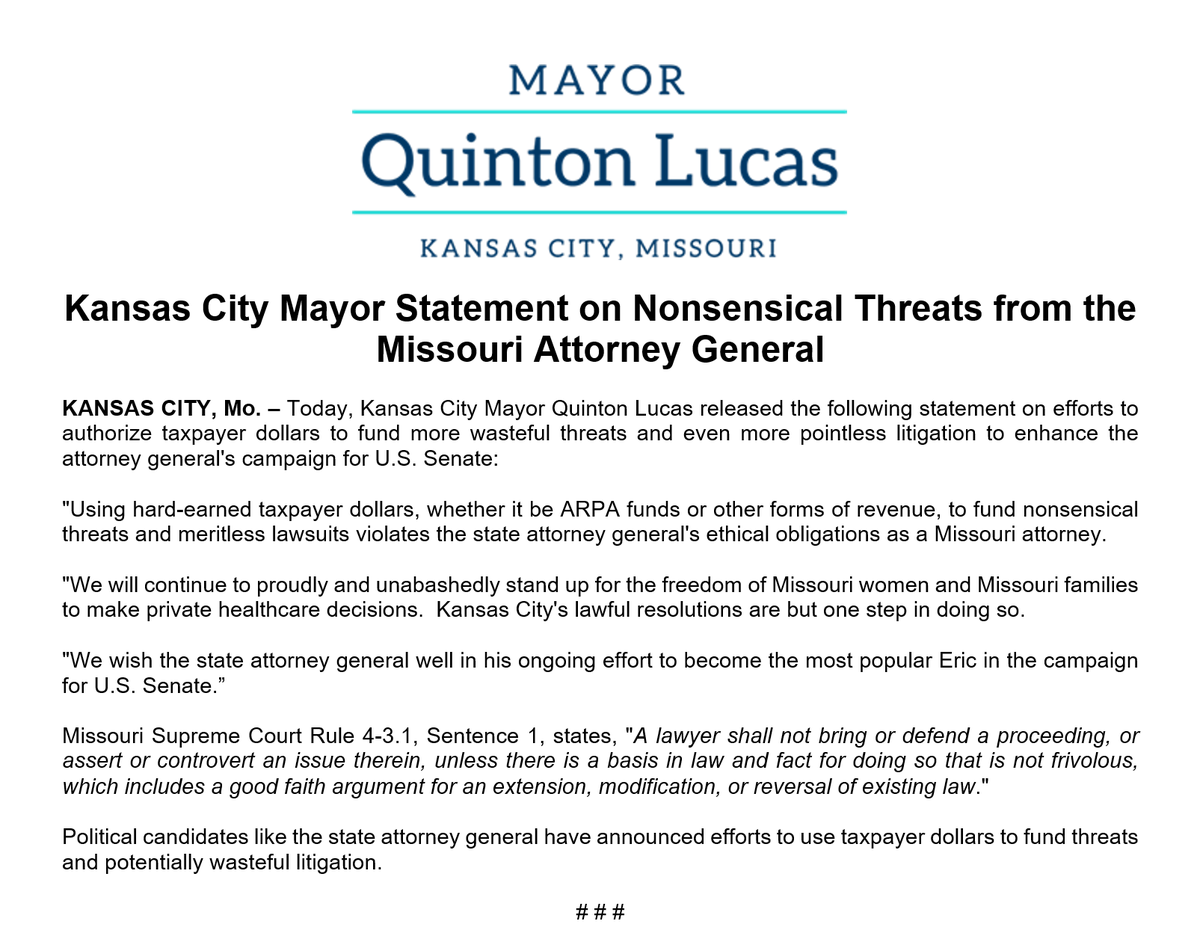 MayorLucasKC's tweet photo. Today, Kansas City Mayor Quinton Lucas released the following statement on efforts to authorize taxpayer dollars to fund more wasteful threats and even more pointless litigation: https://t.co/50s7co1sPg