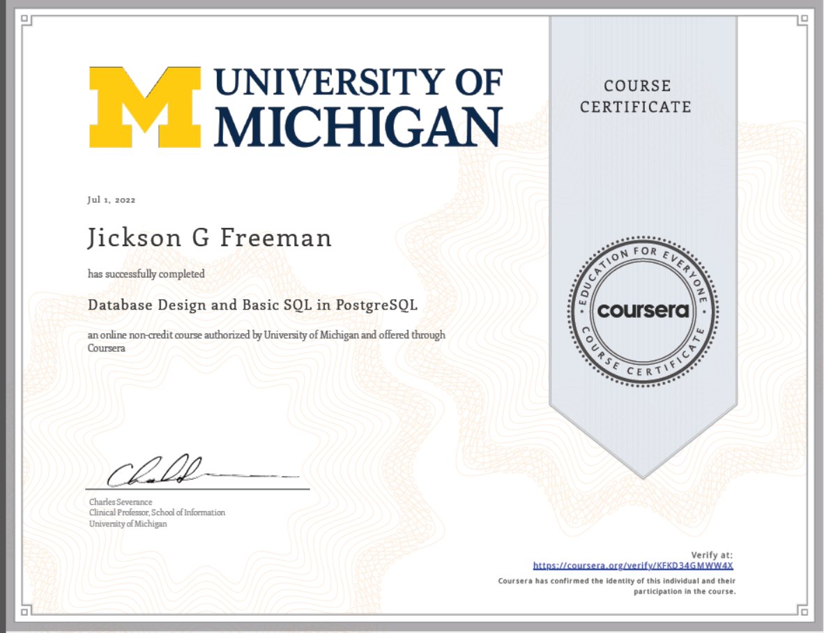 GarwahF's tweet photo. July 1, 2022
Jickson Just completed another study in Database Design and Basic SQL in PostgreSQL from the University of Michigan live online study. About 17k students participated in this intensive study. https://t.co/aLcMbbZd5s