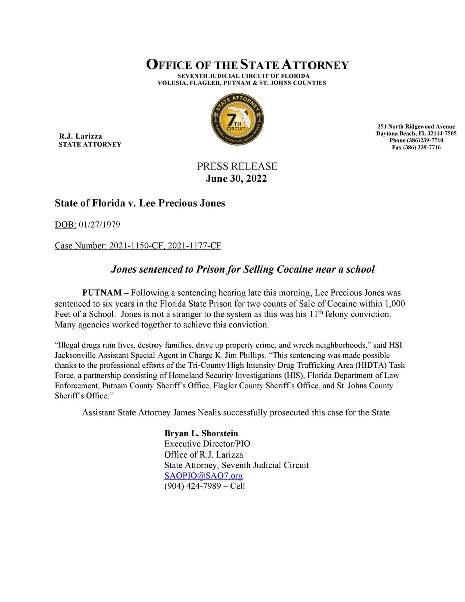 This week in Putnam Co., Lee Precious Jones was sentenced to six years in prison for selling crack cocaine within 1,000 feet of a school. 
The conviction was achieved through joint efforts of a narcotics task force made up of officers from <a href="/fdlepio/">FDLE</a>, <a href="/PutnamCountySO/">Putnam County (Fla.) SO</a> and <a href="/HSITampa/">HSI Tampa</a>.