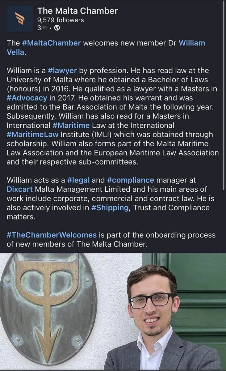 william_vella's tweet photo. Thank you @MaltaChamber for the warm welcome. 

Looking forward to contribute 🇲🇹

#legal #commerce #compliance #shipping #yachting #business https://t.co/PkRoDxbjUh