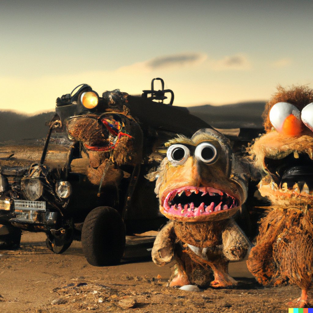 triplux's tweet photo. I confess to stealing this prompt off Reddit and generated my own. I think this might be my favourite DALL·E 2 creation. Muppets in Mad Max  #dalle #dalle2 https://t.co/xR67bab6Bg