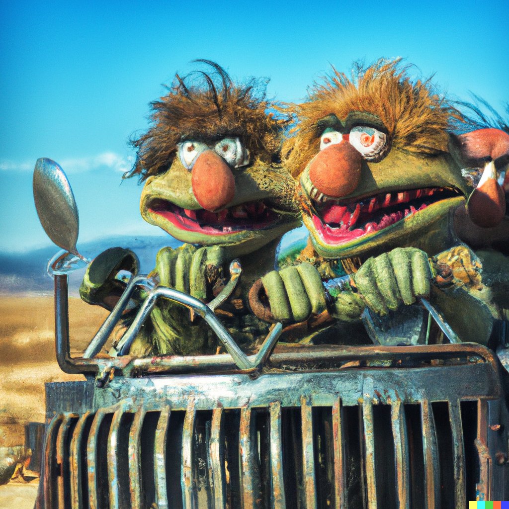 triplux's tweet photo. I confess to stealing this prompt off Reddit and generated my own. I think this might be my favourite DALL·E 2 creation. Muppets in Mad Max  #dalle #dalle2 https://t.co/xR67bab6Bg
