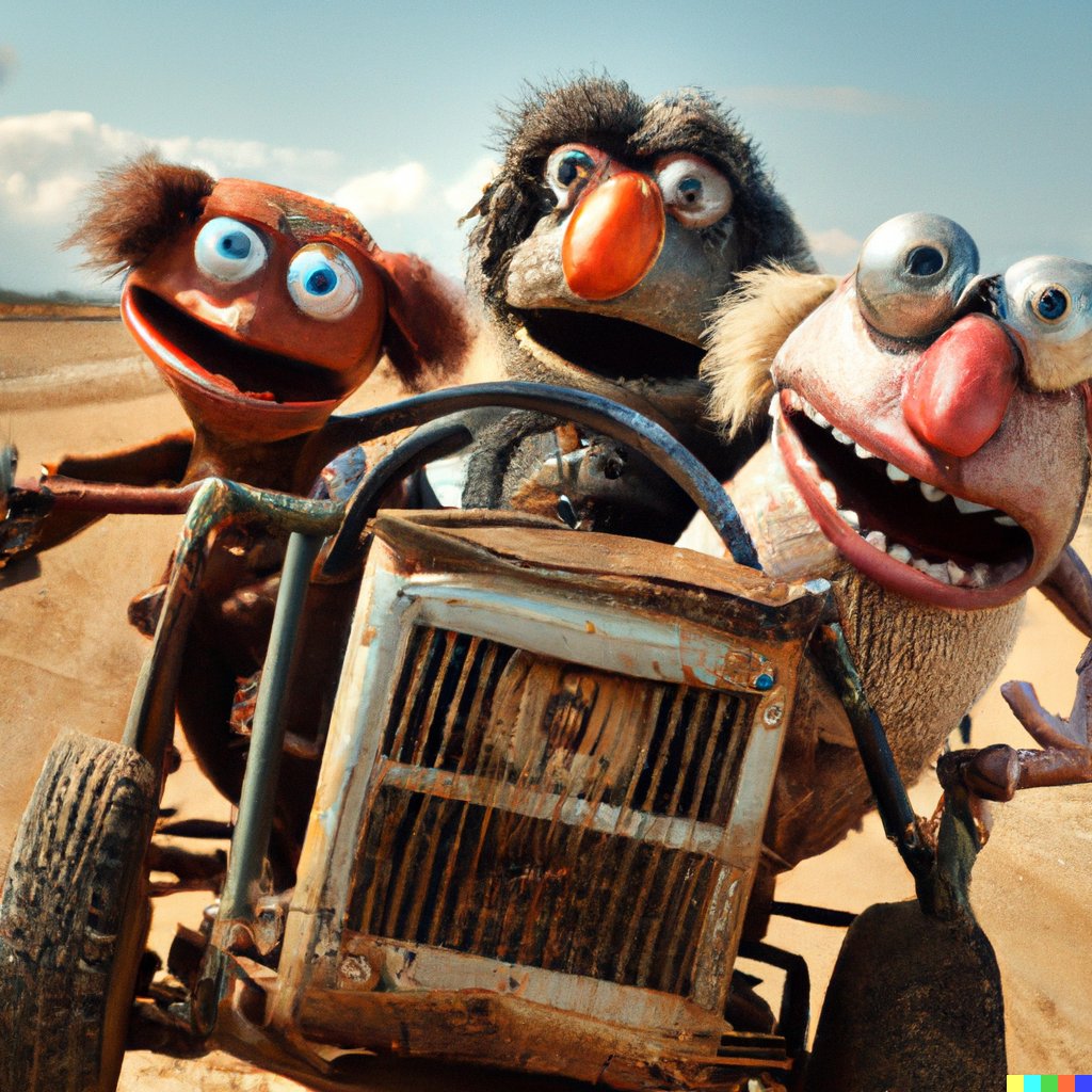 triplux's tweet photo. I confess to stealing this prompt off Reddit and generated my own. I think this might be my favourite DALL·E 2 creation. Muppets in Mad Max  #dalle #dalle2 https://t.co/xR67bab6Bg