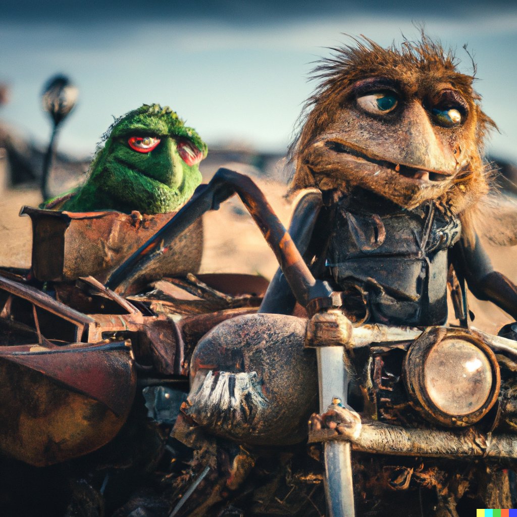 triplux's tweet photo. I confess to stealing this prompt off Reddit and generated my own. I think this might be my favourite DALL·E 2 creation. Muppets in Mad Max  #dalle #dalle2 https://t.co/xR67bab6Bg