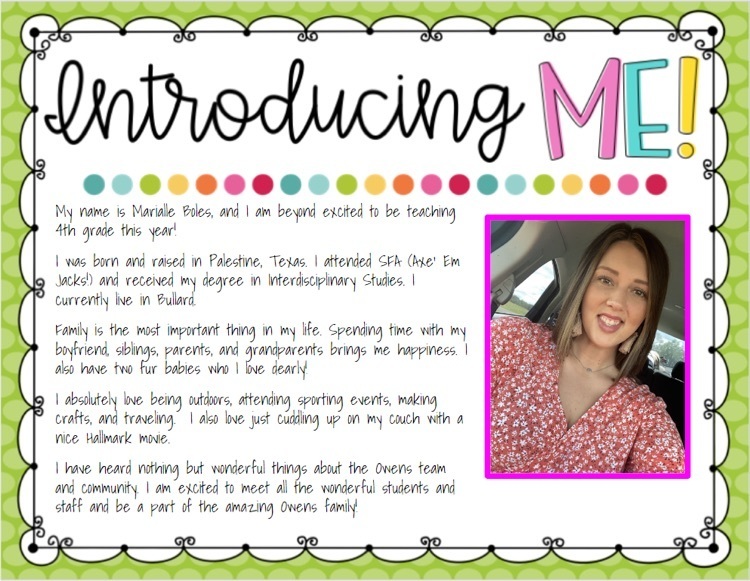 Help us welcome Ms. Marialle Boles to the Owens family! Ms. Boles will be teaching 4th grade science/social studies, teaming with with Mrs. Jenkins and Ms. Bright. We are so excited to have Ms. Boles at Owens! 💙🦅