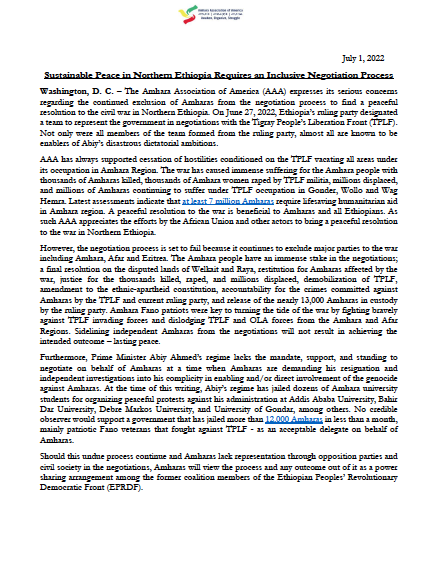 AAA_Amhara's tweet photo. "Abiy Ahmed’s regime lacks the mandate, support, and standing to negotiate on behalf of Amharas at a time when Amharas are demanding his resignation"

Read AAA's statement on negotiations between Prosperity Party &amp; TPLF:
https://t.co/EBziMDJORp

#AmharaGenocide https://t.co/7QokEGToMA
