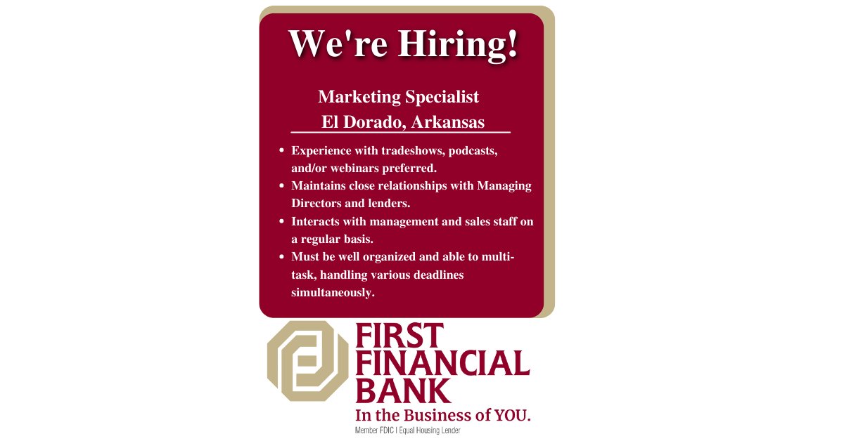 Are you in the marketing field and looking for a career change? Good news!🎉 We are hiring a Marketing Specialist at our El Dorado, AR office. Click our #LinkInBio to learn more &amp; apply today! 

#FFbank1 #ApplyToday #Marketing

Member FDIC | Equal Housing Lender