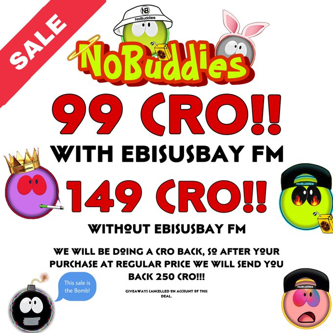 🎁 #NFTGiveaway 🎁

to let #crofam know - this weekend you can mint a @NoBuddiesNFT just for 99CRO

i already got my refunds and want to giveaway one NoBuddie

1⃣ Follow @NoBuddiesNFT and <a href="/TomJungleRocker/">Tom Jungle Rocker</a> 
2⃣ Like and RT
3⃣ Tag 3 Buddies
⏳ July, 4

Mint: app.ebisusbay.com/drops/nobuddie…