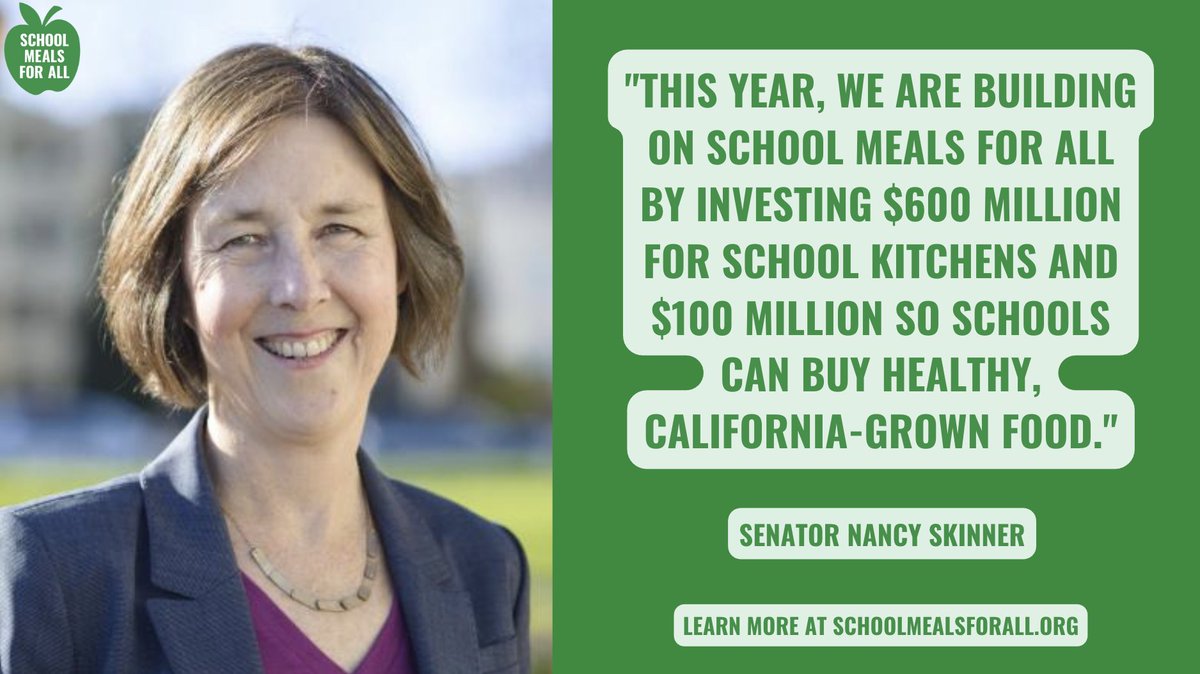 Our deepest gratitude to the one and only <a href="/NancySkinnerCA/">Nancy Skinner</a>. From inception to this year’s significant investments in #SchoolMealsForAll, your leadership has paved the way for a new kind of school food system that benefits families, school workers and farmers. Thank you!