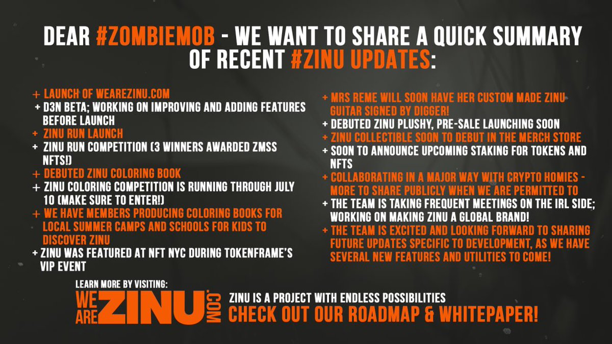 ZinuToken's tweet photo. Happy Friday #ZombieMob! 

Here is a quick recap of the last month with #ZINU 🧟‍♂️🐶🔥 #NFTs #crypto

Learn more by visiting:
https://t.co/Sn2swV7Se0 https://t.co/QNSlbuAeLm