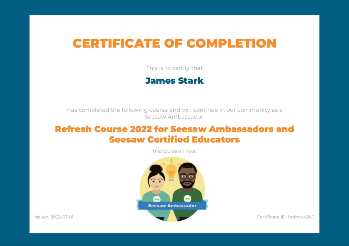 Just completed my #SeesawCertifiedEducator Refresh for the summer 🎉 Always great to see what new improvements are coming to @seesaw. Looking forward to testing out the #Seesaw + @Canvas_by_Inst #LMS integration that is coming in the Fall 👏 @FIS_School #ISTELive #edtech