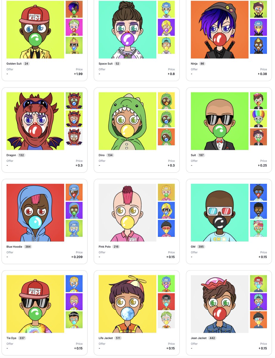 Krispy_Pigment's tweet photo. Eth is cheap, long weekend ahead. good time to shop. 
this Monday July 4 is the @bubblegumkids_  dev doxxing day.
Clothing trait. Many of these floors jump fast after just a sale or 2. The gold suit the second most rare trait in all BubbleGum Land, only the tiara is more rare https://t.co/pJ5VTrNzI4