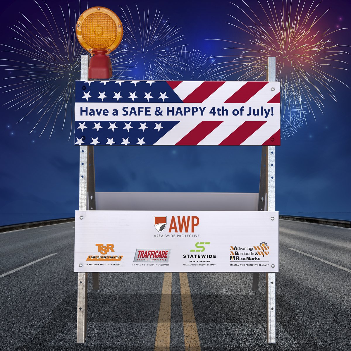 trafficade's tweet photo. Area Wide Protective (AWP) Mountain Region of companies wishes everyone a Safe &amp; Happy Fourth of July weekend and holiday celebration. 
#4thofjuly #fourthofjuly #july4th #july4thweekend #safe4thofjuly #barricades #workzonesafety #awp https://t.co/9455bbDvJi