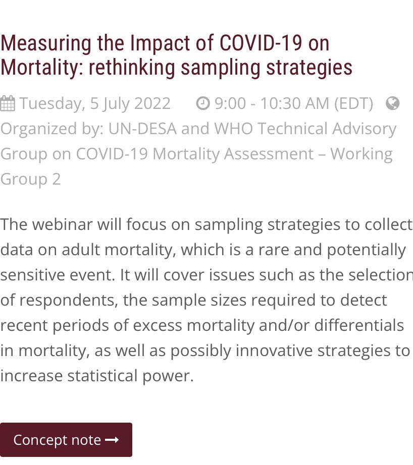 Part of UN/WHO work group on COVID mortality, webinar on sampling strategies for mortality-related surveys next Tuesday. Includes overview of sampling in DHS/MICS followed by panel w/ <a href="/eatonjw/">Jeff Eaton</a> &amp; experts from <a href="/UNStats/">UNStats</a>, @MSG &amp; <a href="/StatisticsUg/">Uganda Bureau of Statistics (UBOS)</a>. Register here: forms.office.com/pages/response…