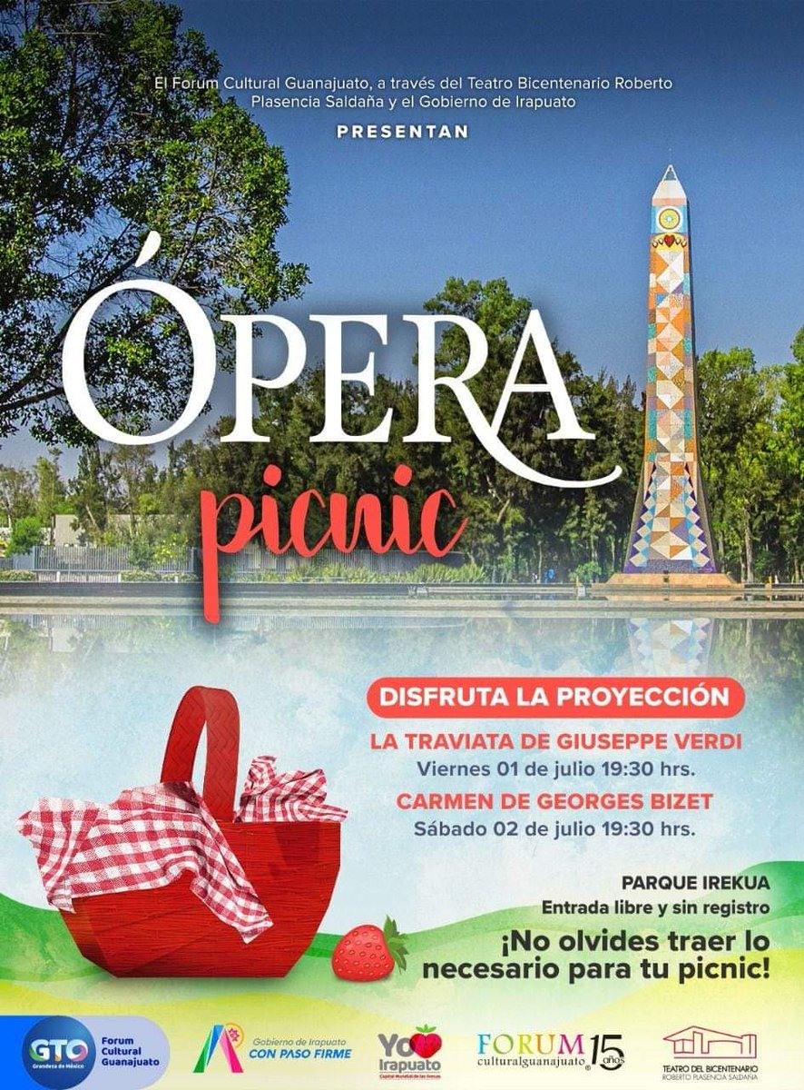 LorenaAlfaroG's tweet photo. ¡Qué gusto me da que en #Irapuato vamos a poder vivir de este gran evento #ÓperaPicnic 🥨🧀🥖! Nos vemos hoy y mañana en el Parque Irekua, para disfrutar juntos de las proyecciones de 'La Traviata' y 'Carmen'. https://t.co/51DAxSXKUE