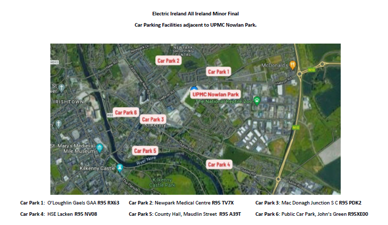 KilkennyCLG's tweet photo. Travelling to Kilkenny for All Ireland Minor Final @Offaly_GAA v @TipperaryGAA on Sunday. Follow the Match Traffic signs to avail of the numerous Car Parks. See Eir-Codes in graphic below. Please travel early. Gates open 12pm. Throw In 1.30pm https://t.co/6xcEFl4GGc